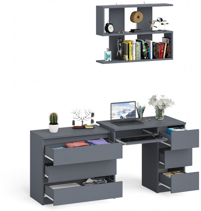 Мори компьютерный стол МС-6 правый + Комод МК800.1 + Полка 900, графит
