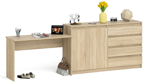Мори Стол письменный МСП1200.1 + Комод МК1600.1, цвет дуб сонома, ШхГхВ 280,8х50х94 см., универсальная сборка