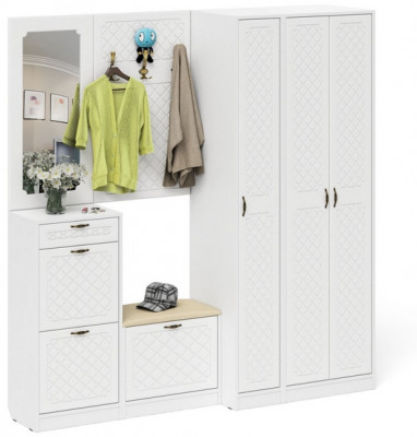 Прихожая П-6 Компоновка № 51, белая шагрень/фасады МДФ белое дерево фрезеровка ромб