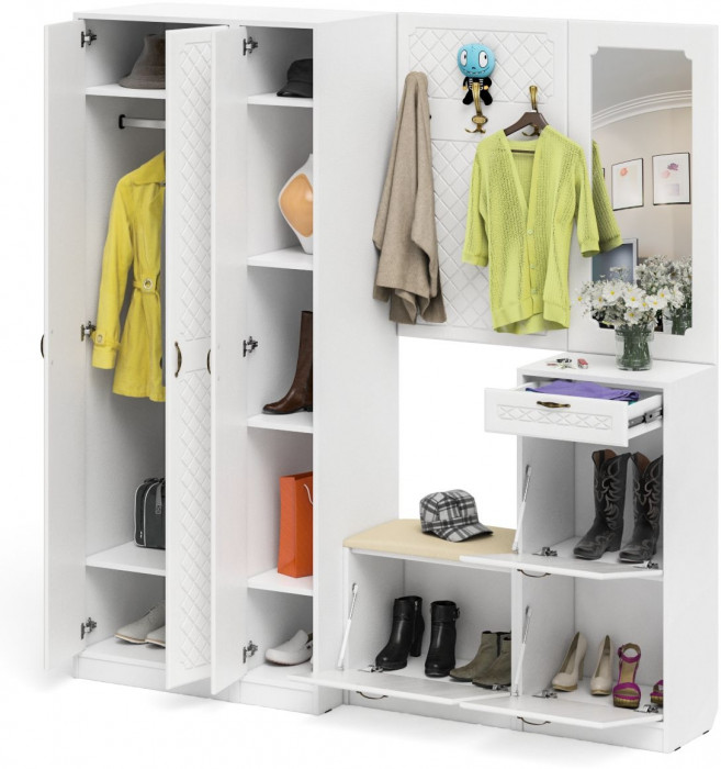 Прихожая П-6 Компоновка № 51, белая шагрень/фасады МДФ белое дерево фрезеровка ромб