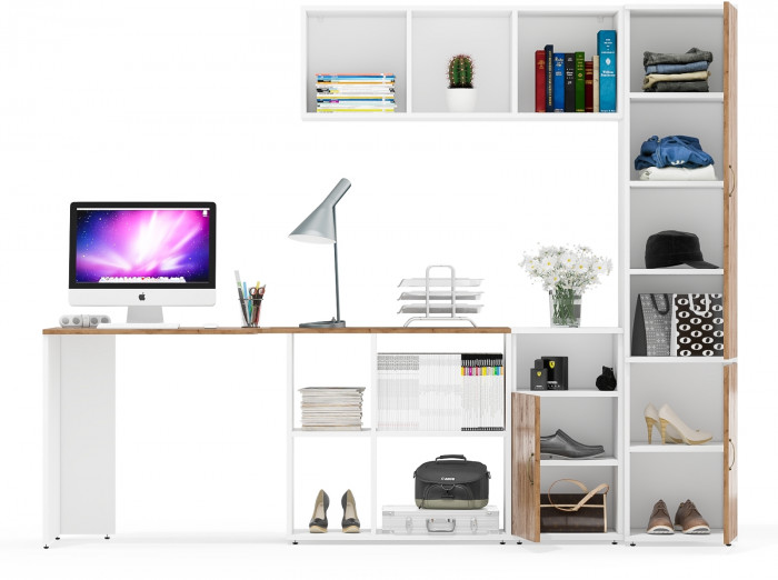 Лидер-8 Стол + Полка + Тумба МД 3.19 + Пенал МД 22Б, белый шагрень/крафт золото