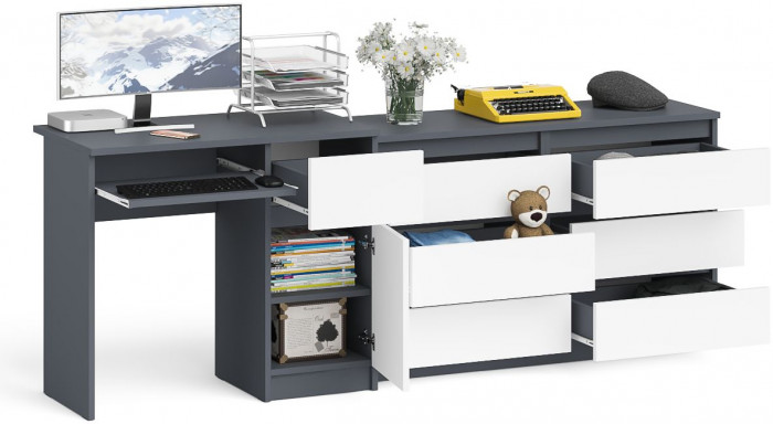 Мори компьютерный стол МС-1 правый + Комод МК1200.6, графит/белый