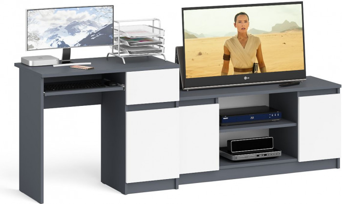 Мори компьютерный стол МС-1 правый + Тумба МТВ1200.1, графит/белый