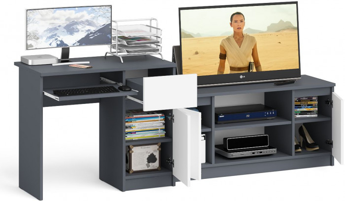 Мори компьютерный стол МС-1 правый + Тумба МТВ1200.1, графит/белый