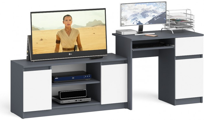 Мори компьютерный стол МС-1 правый + Тумба МТВ1200.1, графит/белый