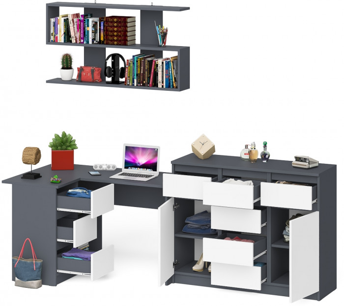 Мори компьютерный стол МС-16 левый + Комод МК1200.4 + Полка 1200, графит/белый