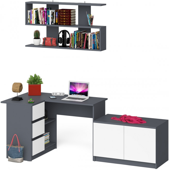 Мори компьютерный стол МС-16 левый + Тумба МА900.1 + Полка 1200, графит/белый