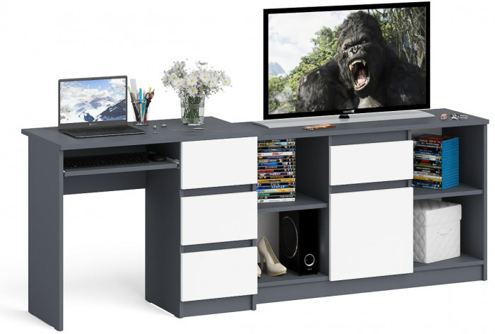 Мори компьютерный стол МС-6 правый + Тумба МТВ1204.1, графит/белый
