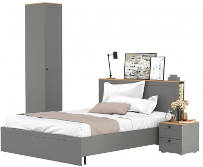 Остин 11.53 Кровать + ортопед + 13.225 Шкаф-пенал + 16.152 Тумба прикроватная, серый графит/дуб крафт золотой