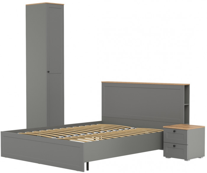 Остин 11.53 Кровать + ортопед + 13.225 Шкаф-пенал + 16.152 Тумба прикроватная, серый графит/дуб крафт золотой