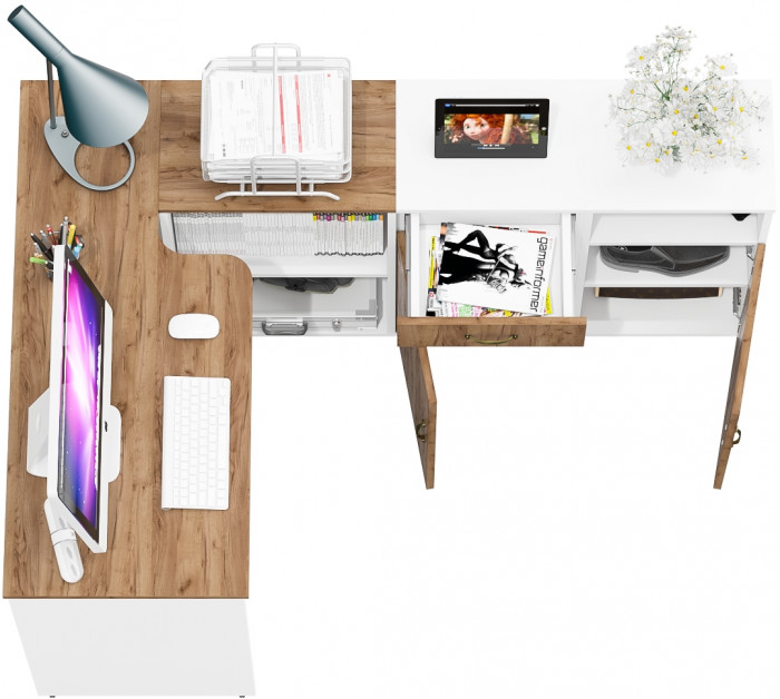 Лидер-8 Стол + Тумба МД 3.15 + Тумба МД 3.19, цвет белый шагрень/крафт золото, ШхГхВ 245х50/30х75 см. или 115х50/160х75 см., НЕ универсальная сборка