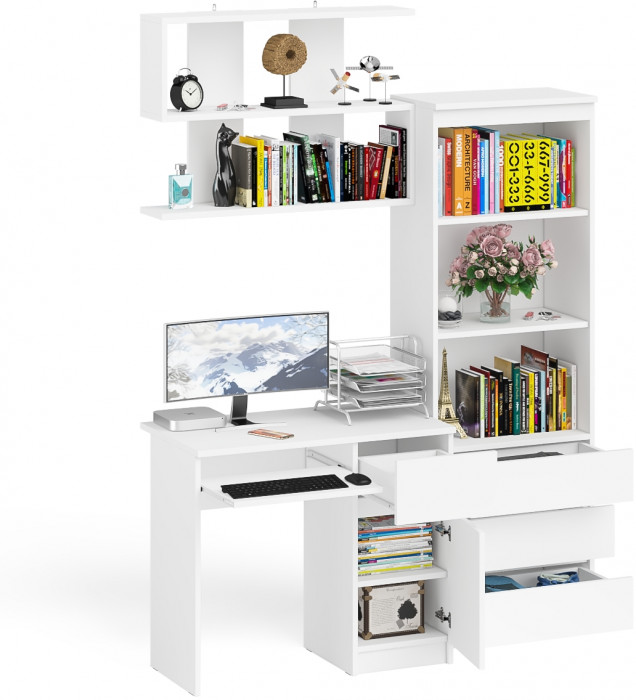 Мори Стол компьютерный МС-1 правый + Стеллаж МСТ600.3 + Полка 900, цвет белый, ШхГхВ 150,4х50х209,6 см., НЕ универсальная сборка