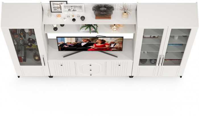 Валенсия Гостиная № 099, цвет ЛДСП белый шагрень/МДФ белый шагрень, ШхГхВ 272,3х38,4х225,2 см., ниша для ТВ 133х38х90 см., универсальная сборка