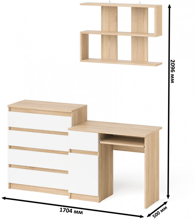 Мори Стол компьютерный МС-1 левый + Комод МК800.4 + Полка 900, цвет дуб сонома/белый, ШхГхВ 170,4х50х209,6 см., НЕ универсальная сборка