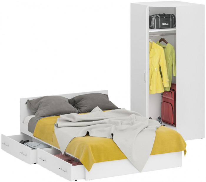 Кровать с ящиками 1400 + угловой шкаф Стандарт, белый