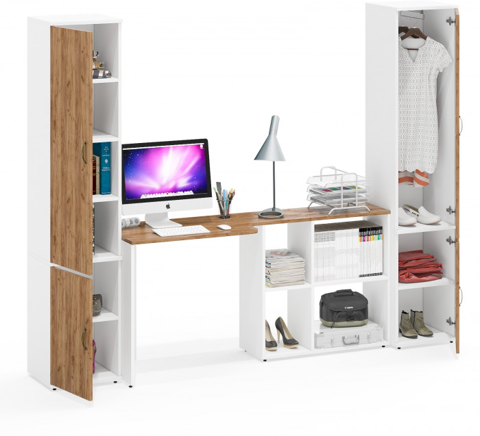 Лидер-8 Пенал МД 22Б + Стол + Пенал 21Б, белый шагрень/крафт золото