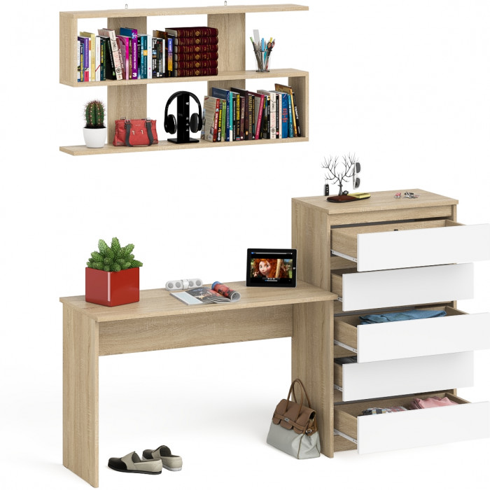 Мори письменный стол МСП1200.1 + Комод МК700.5 + Полка 1200, дуб сонома/белый
