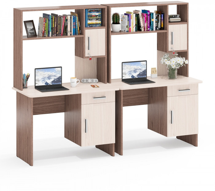 Два стола письменных с надстройкой С-МД-1-09Н, ясень шимо светлый/ясень шимо тёмный