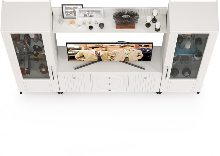 Валенсия Гостиная № 100, цвет ЛДСП белый шагрень/МДФ белый шагрень, ШхГхВ 243,2х38,4х225,2 см., ниша для ТВ 133х38х100 см.