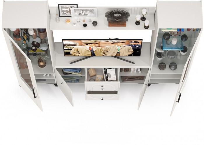 Валенсия Гостиная № 100, цвет ЛДСП белый шагрень/МДФ белый шагрень, ШхГхВ 243,2х38,4х225,2 см., ниша для ТВ 133х38х100 см.