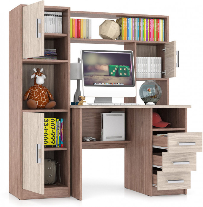 Стол компьютерный С-МД-СК9+Пенал С-МД-СК9П, цвет ясень шимо светлый/ясень шимо тёмный, ШхГхВ 145х70х160 см., НЕ универсальная сборка