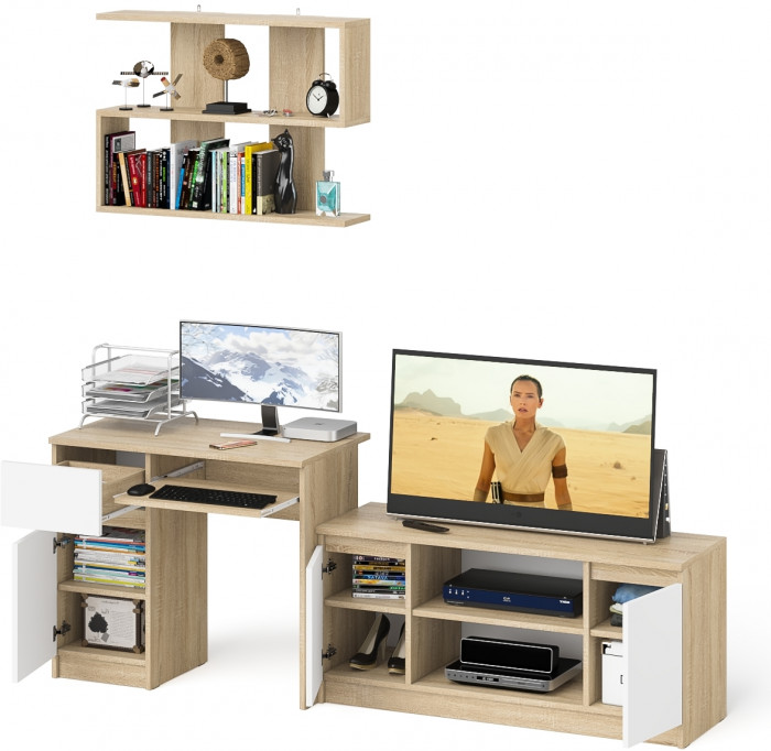 Мори компьютерный стол МС-1 левый + Тумба МТВ1200.1 + Полка 900, дуб сонома/белый