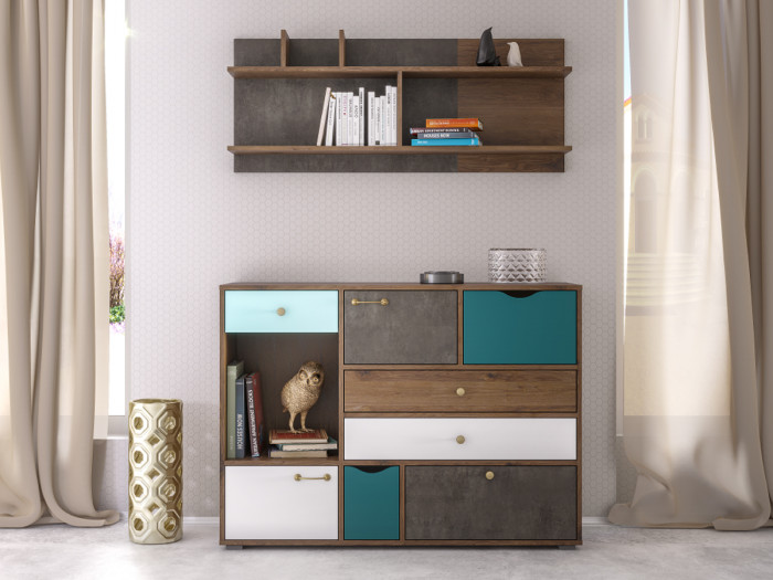 Вайс Комод 10.104, цвет морское дерево винтаж/камень тёмный/бензин/мята/белый премиум, ШхГхВ 121,2х39,9х88,8 см., НЕ универсальная сборка