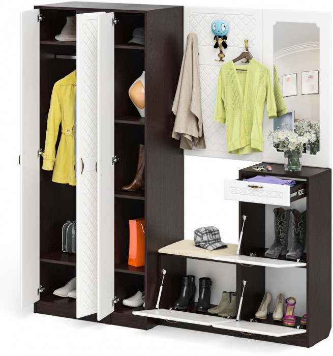 Прихожая П-6 Компоновка № 51, венге/фасады МДФ белое дерево фрезеровка ромб