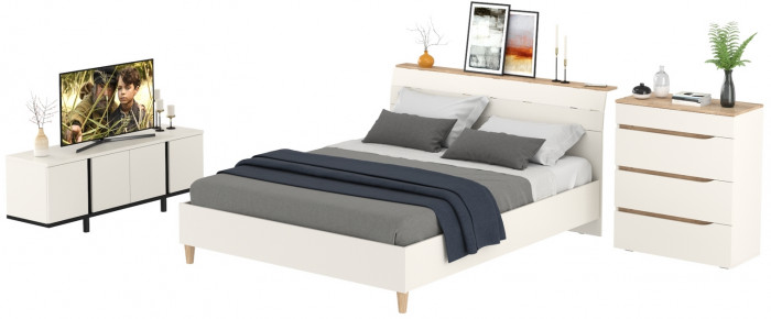 Муссон Кровать 11.41 + ортопед + Комод 13.97 + Тумба ТВ 13.276, цвет белый/чёрный/дуб эндгрейн элегантный, сп. м. 1600х2000 мм., б/м