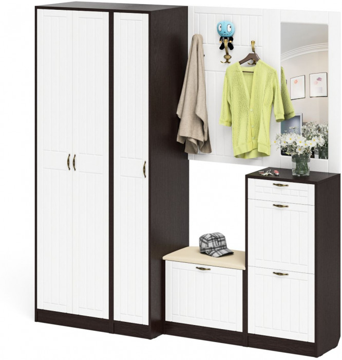 Прихожая П-6 Компоновка № 51, цвет венге/фасады МДФ белое дерево фрезеровка прованс, ШхГхВ 200х50х210 см., универсальная сборка