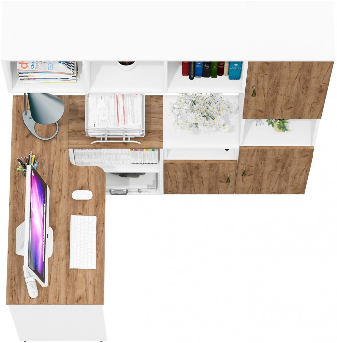 Лидер-8 Стол + Полка + Тумба МД 3.19 + Пенал, белый шагрень/крафт золото