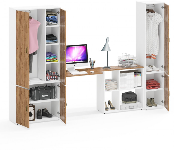 Лидер-8 Шкаф МД 20Б + Стол + Пенал 21Б, белый шагрень/крафт золото