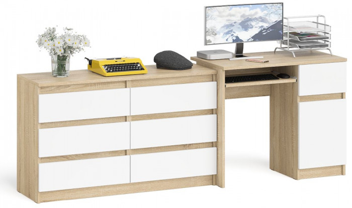 Мори компьютерный стол МС-1 правый + Комод МК1200.6, дуб сонома/белый