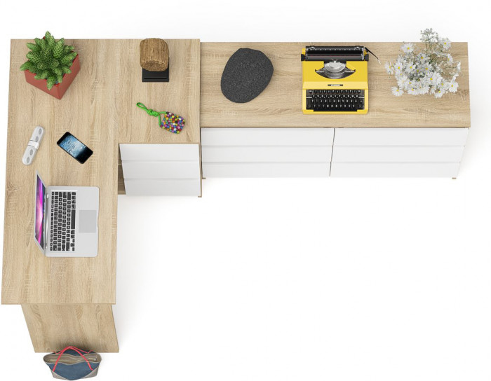 Мори компьютерный стол МС-16 правый + Комод МК1200.6, дуб сонома/белый