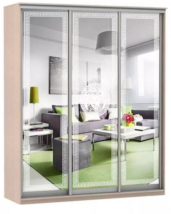 Шкаф купе Модерн 2076х600 3-х дверный 3-х секционный зеркальный с пескоструем №1 ясень