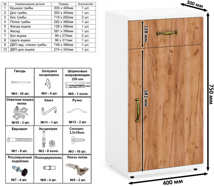 Лидер-8 Стол + Тумба МД 3.15, цвет белый шагрень/крафт золото, ШхГхВ 205х50/30х75 см. или 115х50/120х75 см., НЕ универсальная сборка