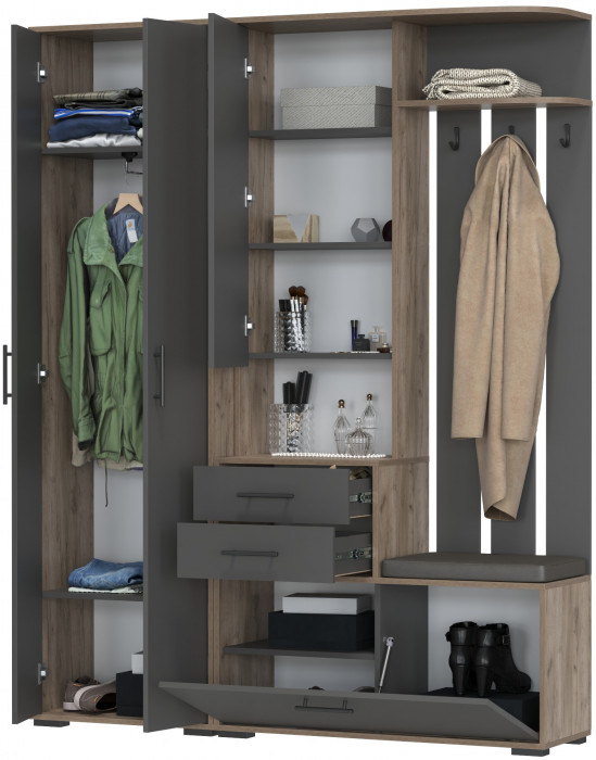 Прихожая 2-3430+2-3431дкт/граф Домино - Комплект для прихожей, цвет дуб крафт табачный/графит, ШхГхВ 160х36х202 см., универсальная сборка