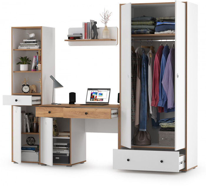 Вуди Компоновка № 22, цвет белый премиум/дуб крафт золотой, ШхГхВ 241х52,7х205 см., универсальная сборка