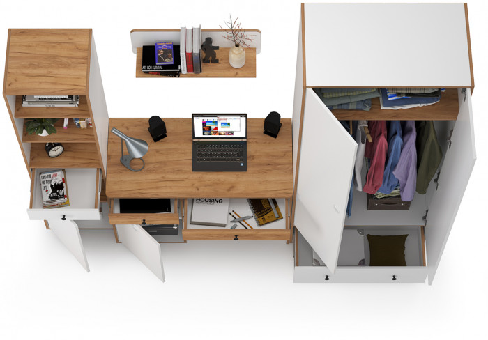 Вуди Компоновка № 22, цвет белый премиум/дуб крафт золотой, ШхГхВ 241х52,7х205 см., универсальная сборка