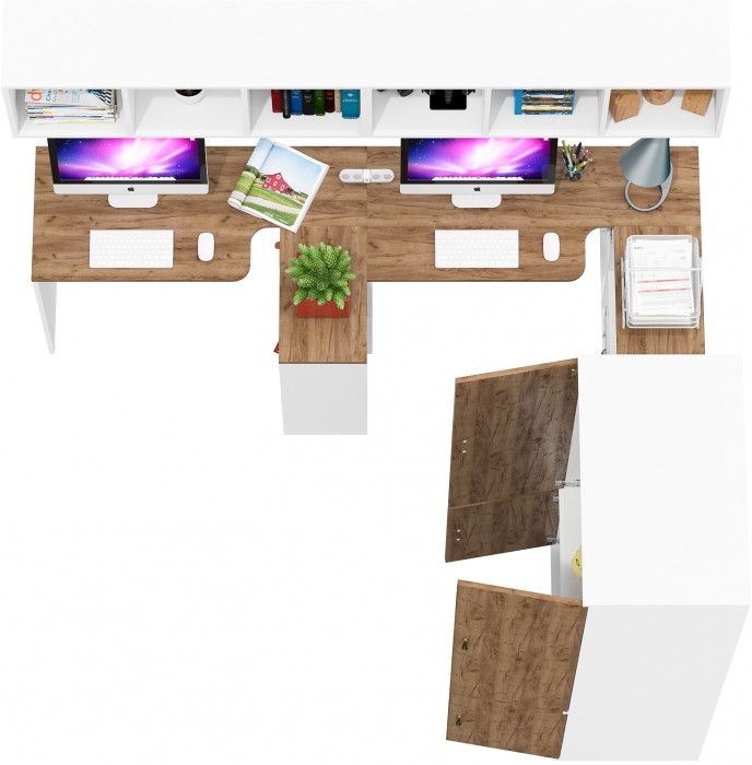 Лидер-8 Стол + Полка + Стол + Полка + Шкаф МД 19Б + Тумба МД 3.15, белый шагрень/крафт золото