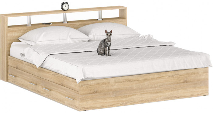 Камелия спальня № 11 Кровать с ящиками 1800 + Две тумбы + Комод + Шкаф 4-х створчатый, цвет дуб сонома, сп.м. 1800х2000 мм., б/м, основание есть