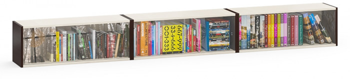 Три полки книжных С-МД-КН01, цвет венге/дуб, ШхГхВ размер каждой полки в отдельности: 83х25х30 см., стеклянные дверцы