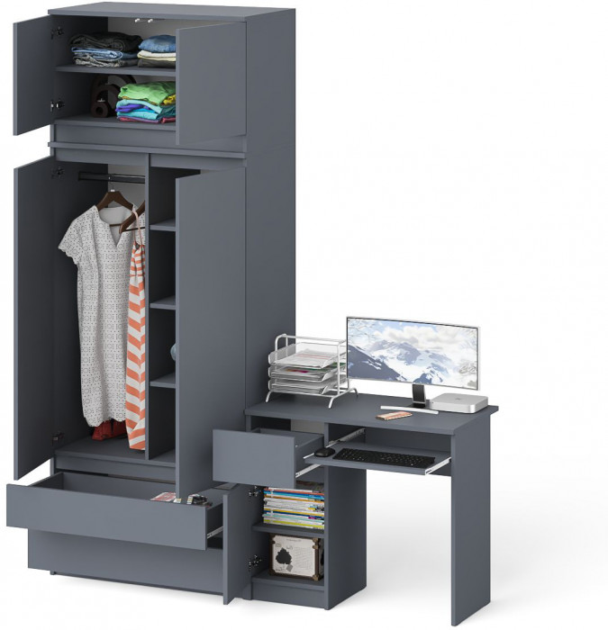 Мори Стол компьютерный МС-1 левый + Шкаф МШ900.1 + Антресоль МА900.1, цвет графит, ШхГхВ 180,4х50,4х234,2 см., выдвижной ящик слева, НЕ универс. сб.