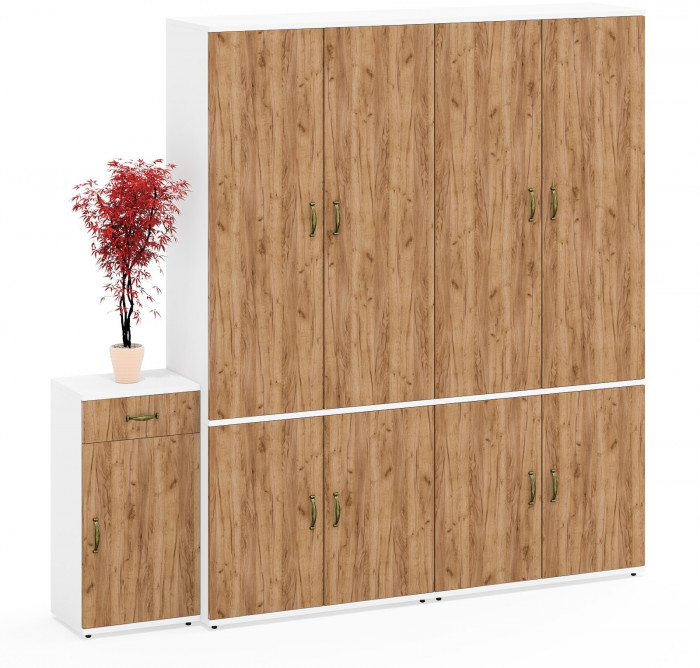 Лидер-8 Шкаф МД 20Б + Шкаф МД 20Б + Тумба МД 3.15, цвет белый шагрень/крафт золото, ШхГхВ 200х37,5х190 см., НЕ универсальная сборка