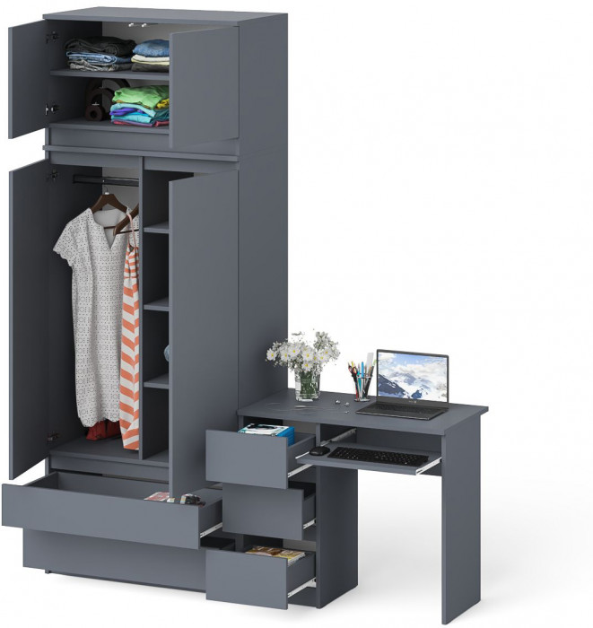 Мори Стол компьютерный МС-6 левый + Шкаф МШ900.1 + Антресоль МА900.1, цвет графит, ШхГхВ 180,4х50,4х234,2 см., выдвижные ящики слева, НЕ универс. сб.