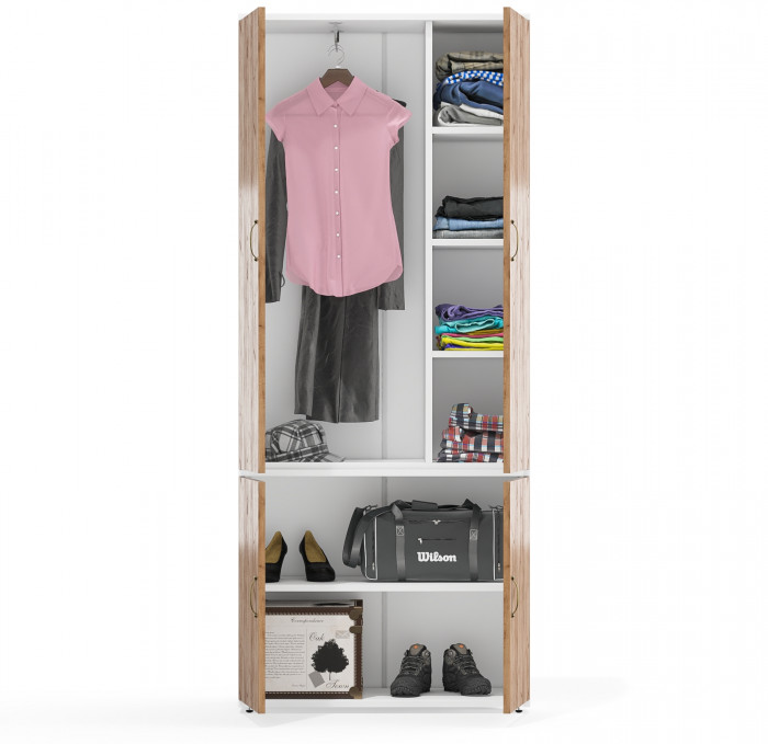 Лидер-8 Модуль Шкаф МД 20Б, цвет белый шагрень/крафт золото, ШхГхВ 80х37,5х190 см., НЕ ун. сборка, выдвижная штанга и три полки и широкая полка снизу