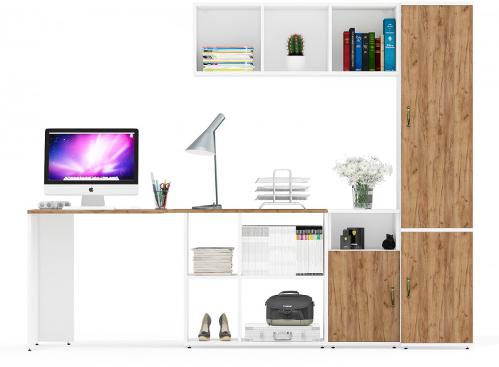 Лидер-8 Стол + Полка + Тумба МД 3.19 + Пенал МД 21Б, цвет белый шагрень/крафт золото, ШхГхВ 245х50/37,5х75/190 или 115х160/50х75/190 см., НЕ ун. сб.