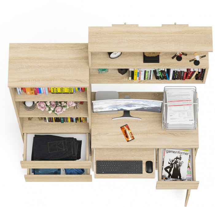 Мори Стол компьютерный МС-1 правый + Стеллаж МСТ600.3 + Полка 900, цвет дуб сонома, ШхГхВ 150,4х50х209,6 см., НЕ универсальная сборка