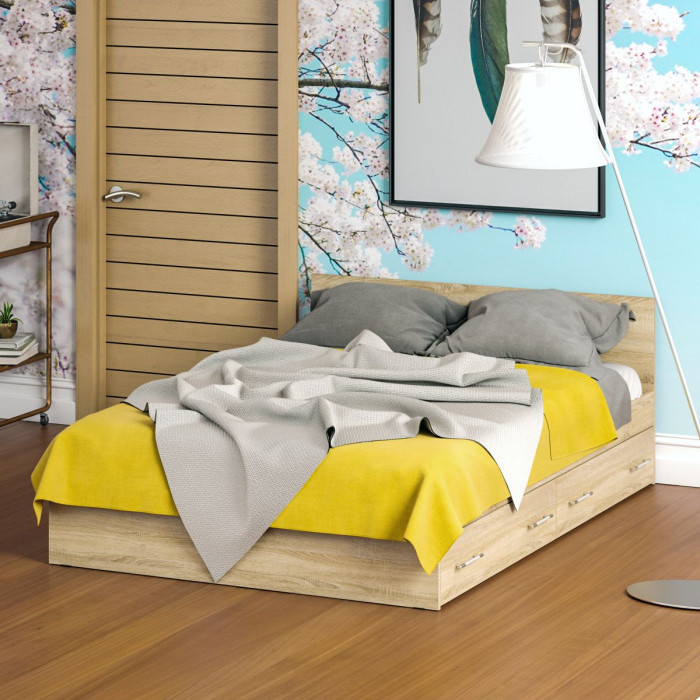 Стандарт Кровать с ящиками 1400, цвет дуб сонома, ШхГхВ 143,5х203,5х70 см., сп.м. 1400х2000 мм., без матраса, основание есть