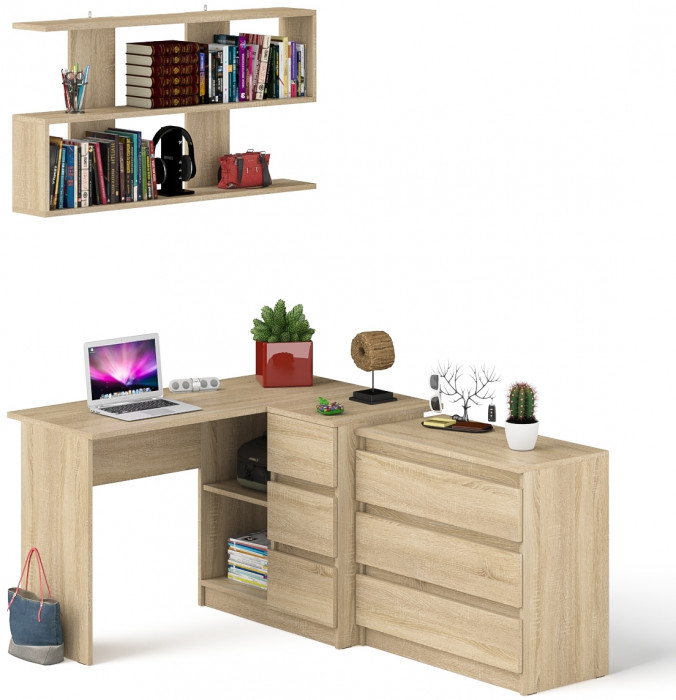 Мори компьютерный стол МС-16 правый + Комод МК800.1 + Полка 1200, дуб сонома